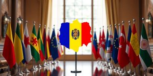 Drapele României și altor țări în context diplomatic.