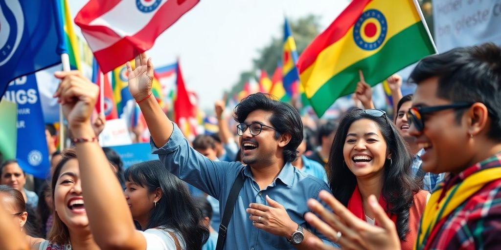 Oamenii participând la un miting politic vibrant.