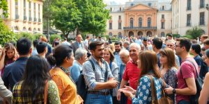 Oameni discutand intr-un parc public.