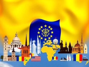 Steag românesc și simboluri internaționale pentru relații externe.