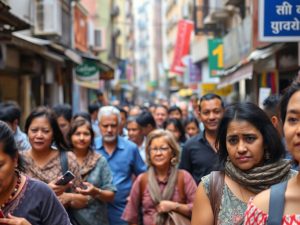 Cetățeni pe o stradă aglomerată, activități diverse.