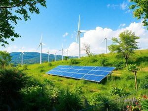 Peisaj verde cu turbine eoliene și panouri solare.