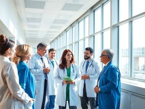 Doctor, clădire spital, reforme, oameni discutând.