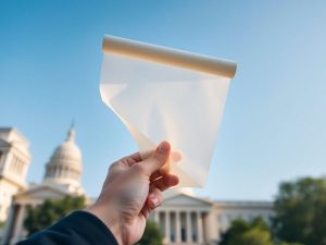 O mână ținând un pergament transparent