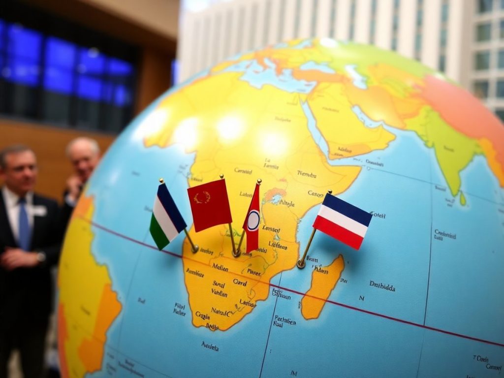 Analiza relațiilor politice internaționale: ce implică alianțele actuale 1 Hărți globale, steaguri diplomatice, figuri politice, clădiri ONU.