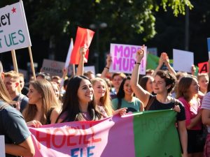 Tineri votând la urne în fața parlamentului.