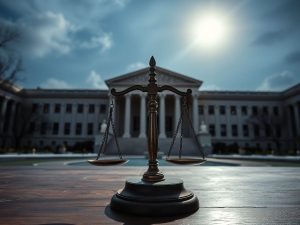 Balanta justitiei pe un fundal de cladiri guvernamentale.