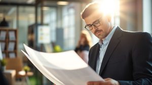 Antreprenor analizând documente într-un birou modern.