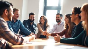 Oameni uniți într-o ședință, simbolizând colaborarea.