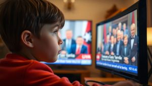 Tânăr privește la televizor cu politicieni la știri