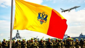 Steagul României, avioane militare, nave și soldați.